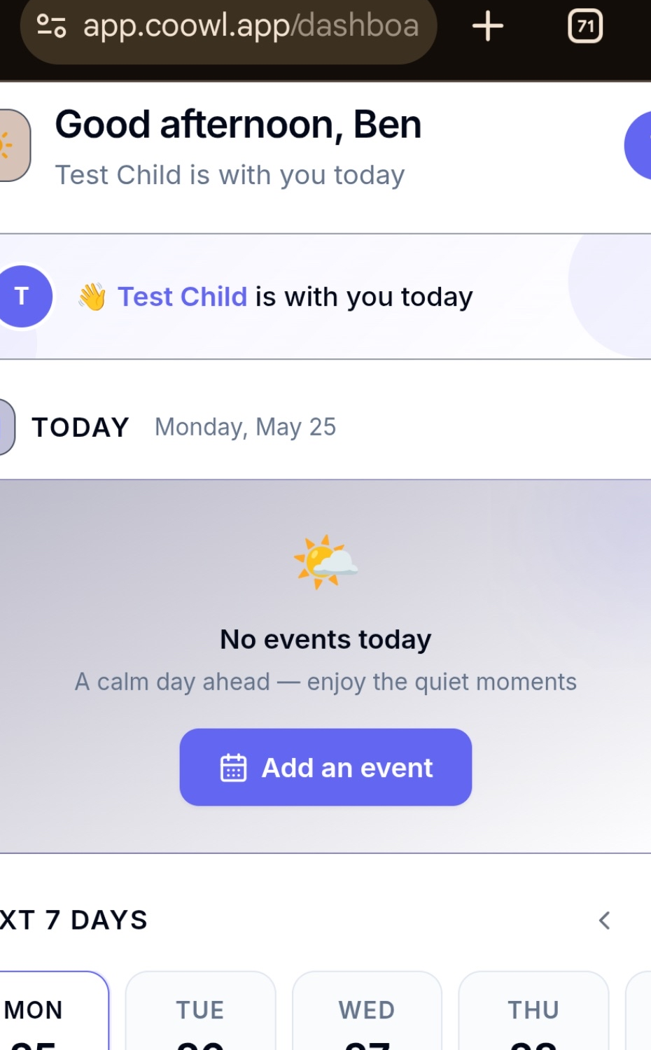 Real CoOwl mobile dashboard showing the child overview, day schedule, and shared follow-ups